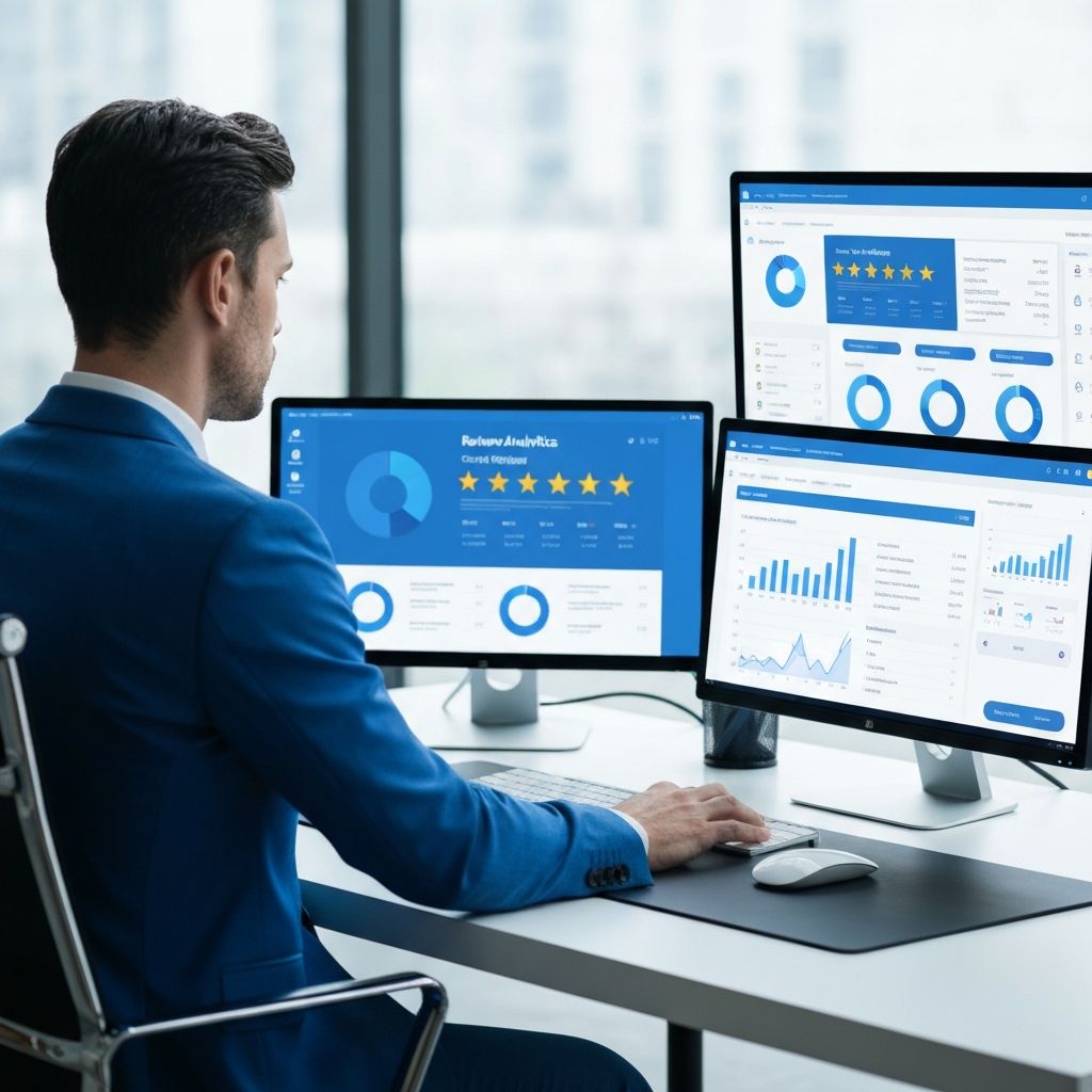 Professional reviewing analytics dashboard with positive ratings